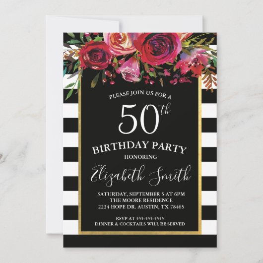 Black Stripe Floral Birthday Invitation Kaart (Voorkant)