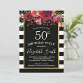 Black Stripe Floral Birthday Invitation Kaart (Staand voorkant)