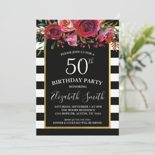 Black Stripe Floral Birthday Invitation Kaart (Staand voorkant)