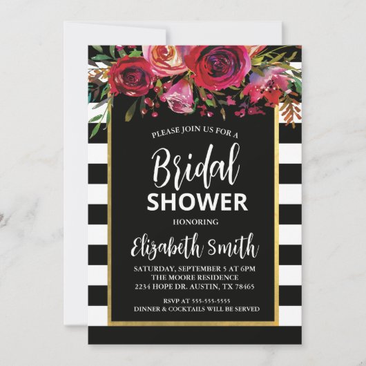 Black Stripe Floral Bridal Shower Kaart (Voorkant)