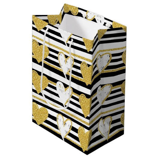 Black Stripe Gold Heart Glam Pattern (1) Medium Cadeauzakje (Voorkant Gekanteld)