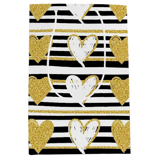 Black Stripe Gold Heart Glam Pattern (1) Medium Cadeauzakje (Voorkant)