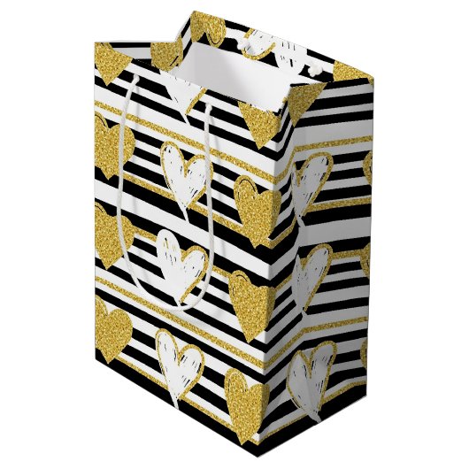 Black Stripe Gold Heart Glam Pattern (1) Medium Cadeauzakje (Achterkant Gekanteld)