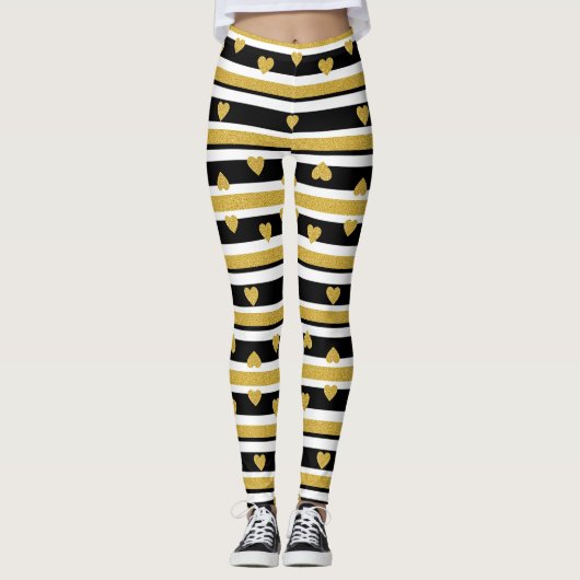 Black Stripe Gold Heart Glam Pattern (4) Leggings (Voorkant)