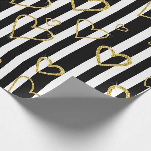 Black Stripe Gold Heart Glam Pattern (6) Cadeaupapier (Hoek)