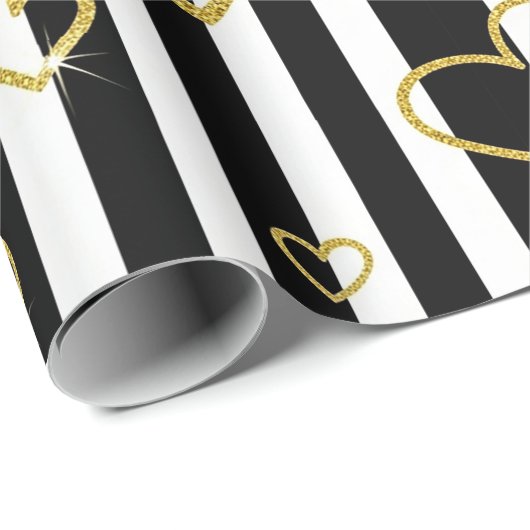 Black Stripe Gold Heart Glam Pattern (6) Cadeaupapier (Rol Hoek)