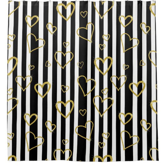 Black Stripe Gold Heart Glam Pattern (6) Douchegordijn (Voorkant)