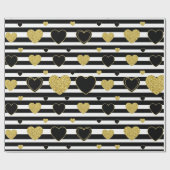 Black Stripe Gold Heart Glam Pattern (7) Cadeaupapier (Vlak)