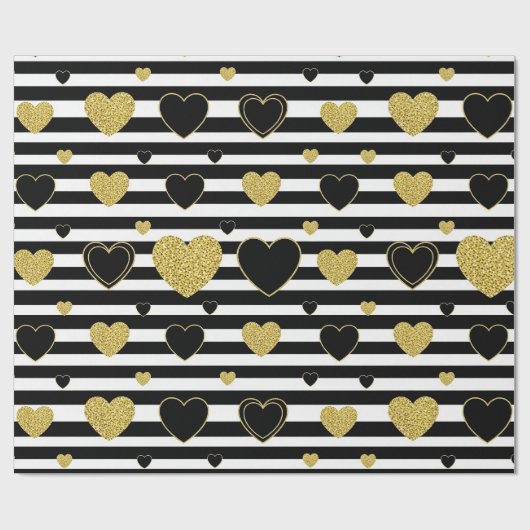 Black Stripe Gold Heart Glam Pattern (7) Cadeaupapier (Vlak)