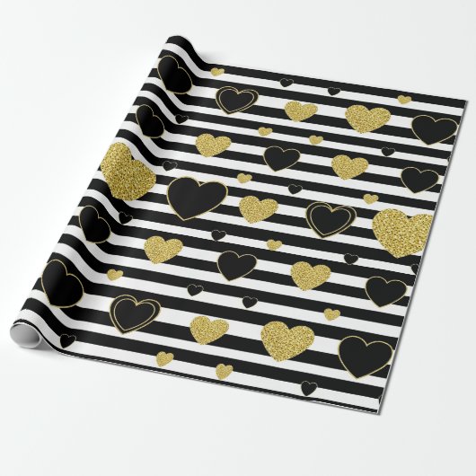 Black Stripe Gold Heart Glam Pattern (7) Cadeaupapier (Uitgerold)