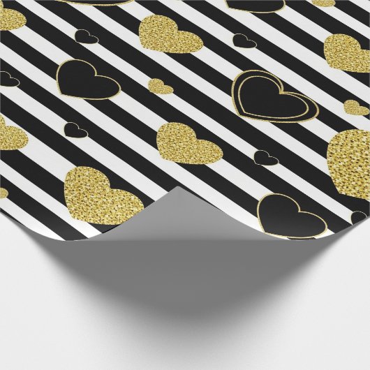 Black Stripe Gold Heart Glam Pattern (7) Cadeaupapier (Hoek)