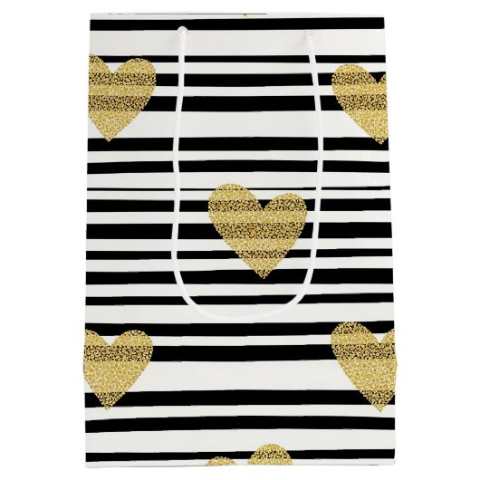 Black Stripe Gold Heart Glam Pattern (8) Medium Cadeauzakje (Achterkant)