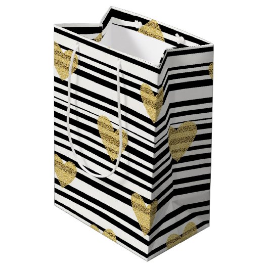 Black Stripe Gold Heart Glam Pattern (8) Medium Cadeauzakje (Achterkant Gekanteld)