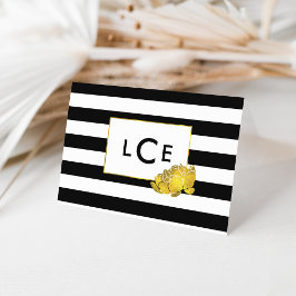 Black Stripe & Gold Peony Monogram Note Cards Notitiekaartje