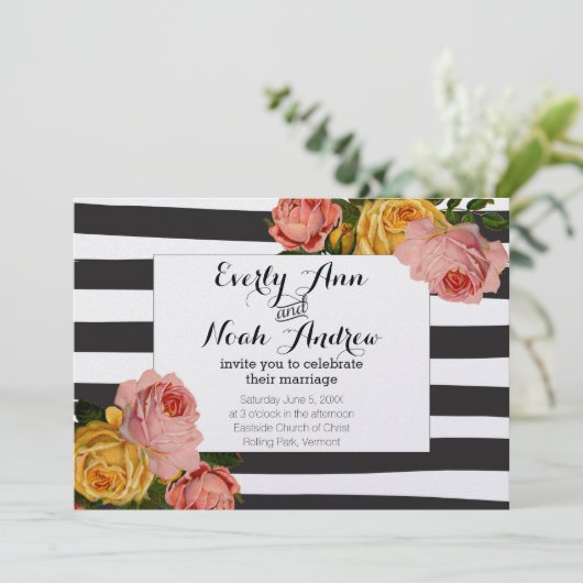 Black Stripe Heirloom Pink Yellow Rose Wedding Kaart (Staand voorkant)