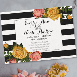 Black Stripe Heirloom Pink Yellow Rose Wedding Kaart