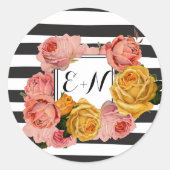 Black Stripe Heirloom Pink Yellow Roses Wedding Ronde Sticker (Voorkant)