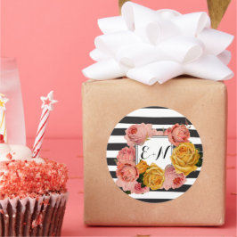 Black Stripe Heirloom Pink Yellow Roses Wedding Ronde Sticker