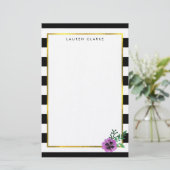 Black Stripe Paarse Panasje Gepersonaliseerde brie Briefpapier (Staand voorkant)