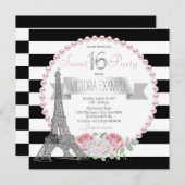 Black Stripe Paris Sweet 16 Party Kaart (Voorkant / Achterkant)