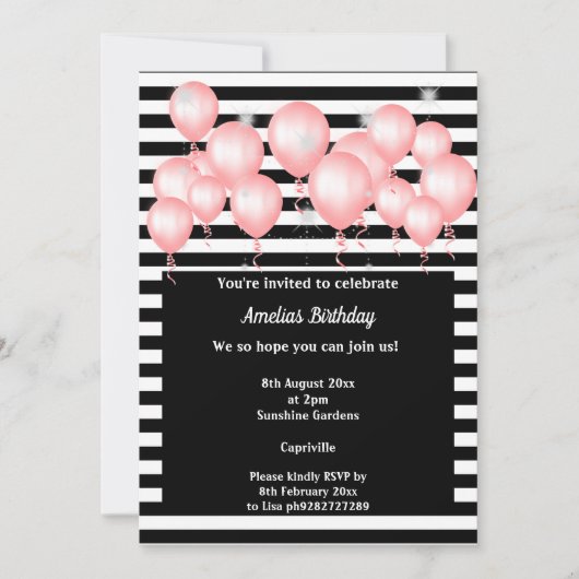 BLACK STRIPE PINK BALLOON BIRTHDAY PARTY KAART (Voorkant)