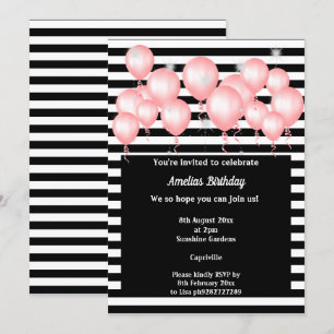 BLACK STRIPE PINK BALLOON BIRTHDAY PARTY KAART