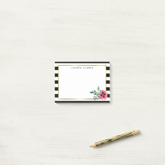 Black Stripe & Pink Floral Sticky Notes (Op bureau)