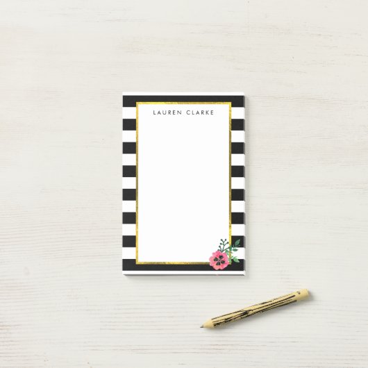 Black Stripe & Pink Floral Sticky Notes (Op bureau)