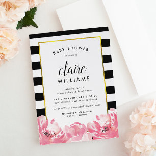Black Stripe & Pink Peony Baby shower Invitation Kaart
