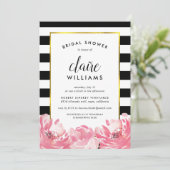 Black Stripe & Pink Peony Bridal Shower Kaart (Staand voorkant)