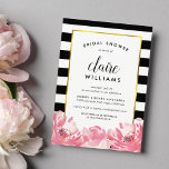 Black Stripe & Pink Peony Bridal Shower Kaart<br><div class="desc">Kies deze prachtige bruiddoucheuitnodigingen voor de moderne klassieke bruid! Met een zwarte en witte streep achtergrond,  een faux goudfolie rand en een ondergrens van zwarte roze waterverf pekelbloemen. Invitaties veranderen in vaste,  wazige roze.</div>