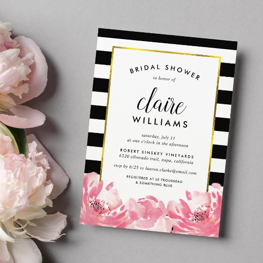 Black Stripe & Pink Peony Bridal Shower Kaart