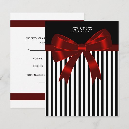 Black Stripe Red Bow Wedding RSVP Kaart (Voorkant / Achterkant)