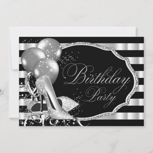 Black Stripe Zilveren Hoge Hakken Verjaardagsfeest Kaart (Voorkant)