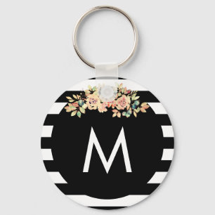 Black Striped Floral Monogramed Sleutelhanger