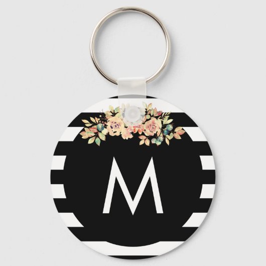Black Striped Floral Monogramed Sleutelhanger (Voorkant)