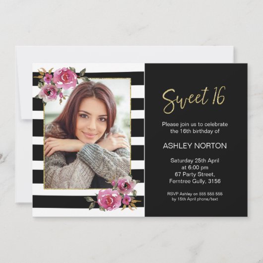Black Striped Floral Sweet 16 Birthday Invitation Kaart (Voorkant)