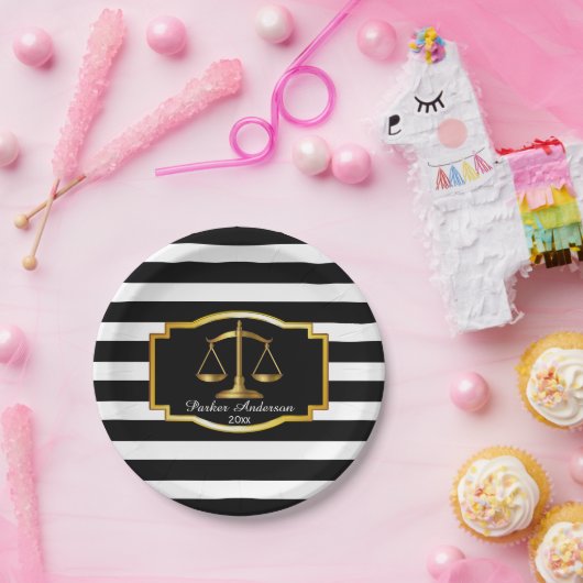 Black Striped Gold Law Scales Graduparty Papieren Bordje (Feest)