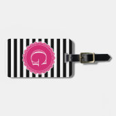 Black Striped Pattern Hot Pink Monogram Bagagelabel (Voorkant horizontaal)
