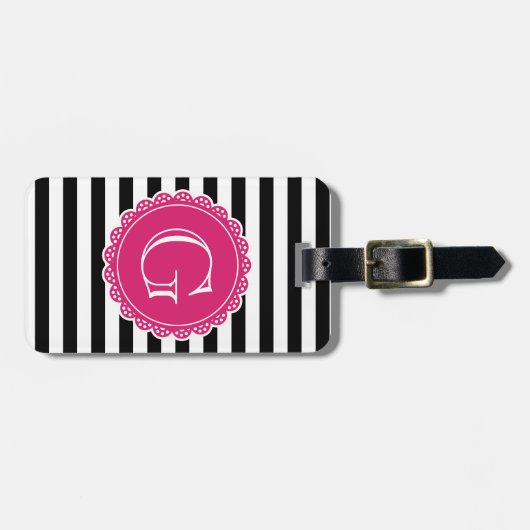 Black Striped Pattern Hot Pink Monogram Bagagelabel (Voorkant horizontaal)