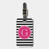 Black Striped Pattern Hot Pink Monogram Bagagelabel (Voorkant verticaal)