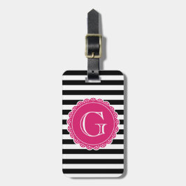 Black Striped Pattern Hot Pink Monogram Bagagelabel