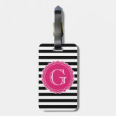 Black Striped Pattern Hot Pink Monogram Bagagelabel (Achterkant verticaal)