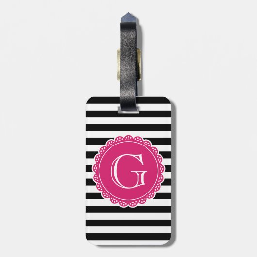 Black Striped Pattern Hot Pink Monogram Bagagelabel (Achterkant verticaal)