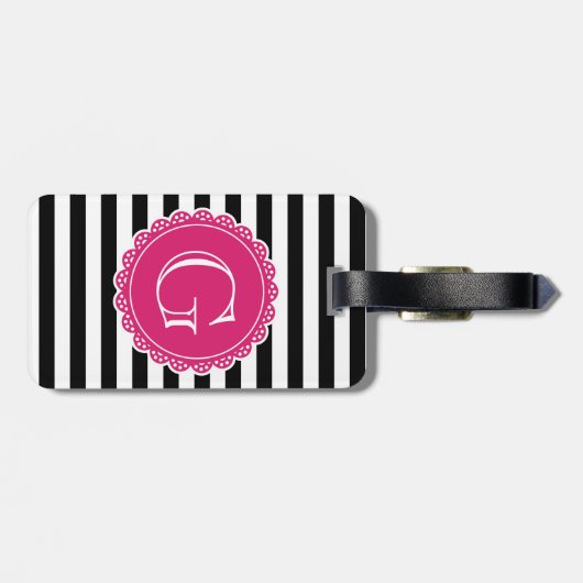 Black Striped Pattern Hot Pink Monogram Bagagelabel (Achterkant horizontaal)