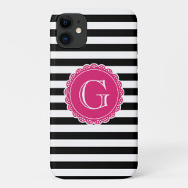 Black Striped Pattern Hot Pink Monogram Case-Mate iPhone Case