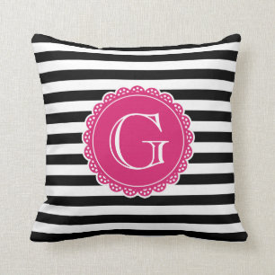 Black Striped Pattern Hot Pink Monogram Kussen