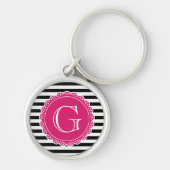 Black Striped Pattern Hot Pink Monogram Sleutelhanger (Voorkant)