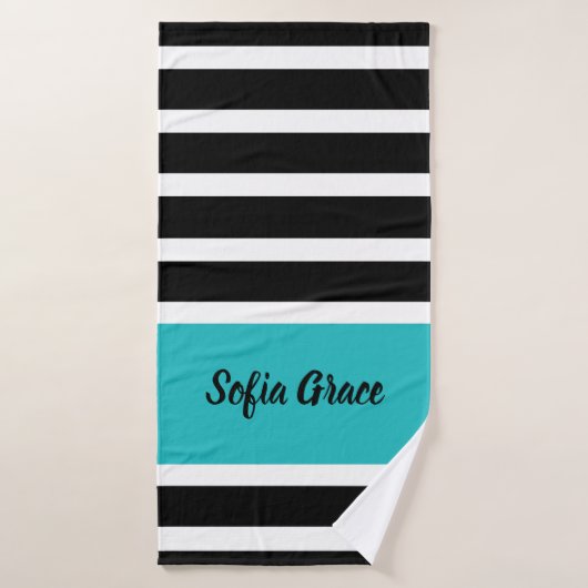 Black Stripes Aqua Custom Name Bath Towel Badhanddoek (Badhanddoek)