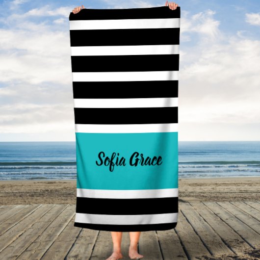 Black Stripes Aqua Custom Name Bath Towel Badhanddoek
